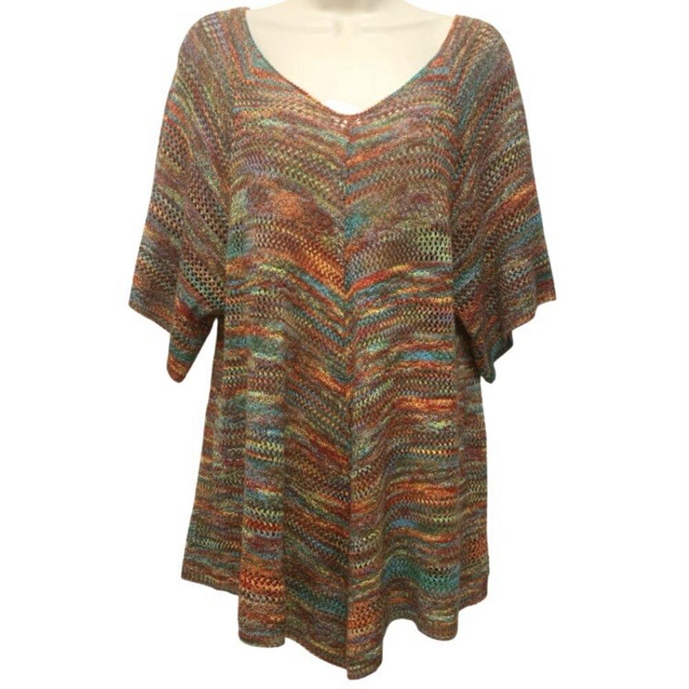 Boho Rainbow Open Knit Tunic Womens XL V-Neck Kimono Sleeve Beach Top